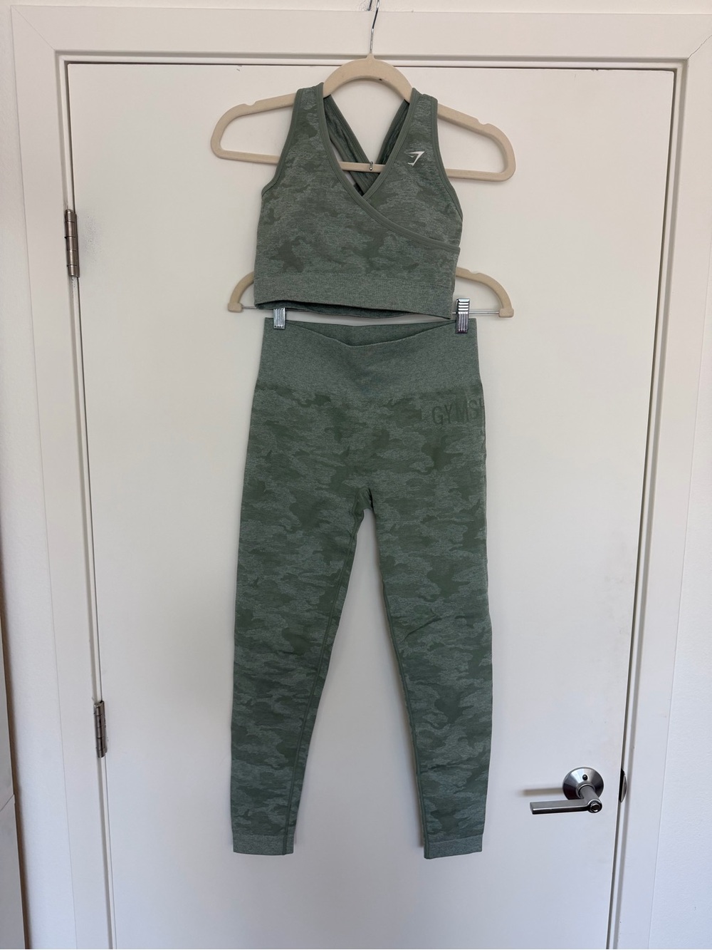 Gymshark Olive Green Camo Seamless Leggings & Cross-Back Sports Bra